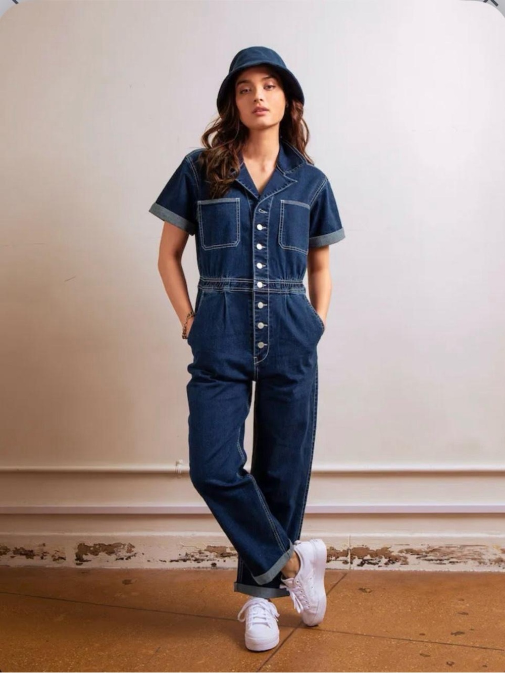 Jordache Dark Blue Denim Short-Sleeve Jumpsuit
